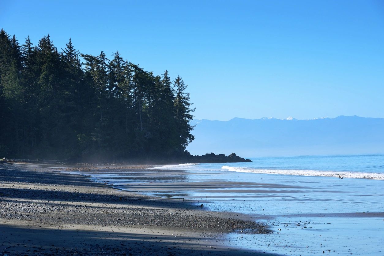 A scenic view featuring a mountainscape with lush greenery and a clear blue sky.